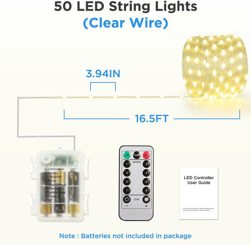 16.5ft (2 Pack), 50 Battery Operated String Lights LED Fairy String Lights Battery Powered with Remote & Timer