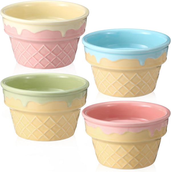 Honeydak 4 Pcs Ice Cream Ceramic Bowls 9 oz Waffle Ice Cream