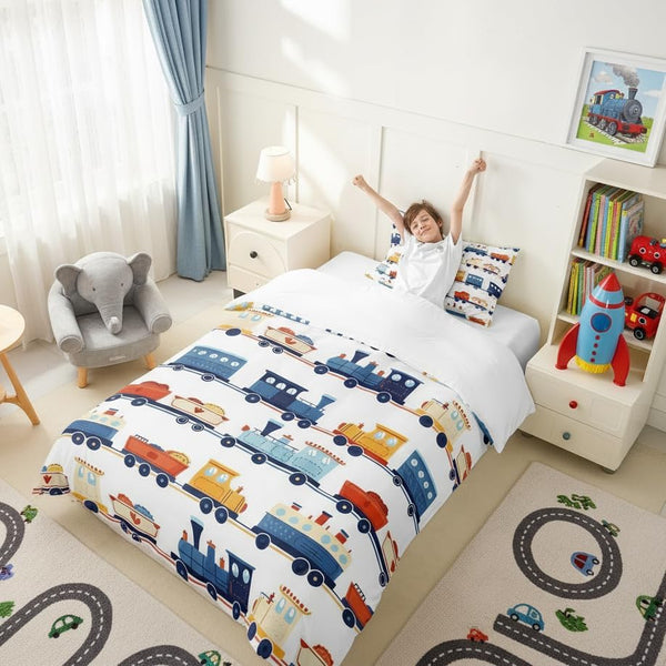 Cartoon Train Duvet Cover Twin Size Transport Vehicles Comforter Cover for Teens