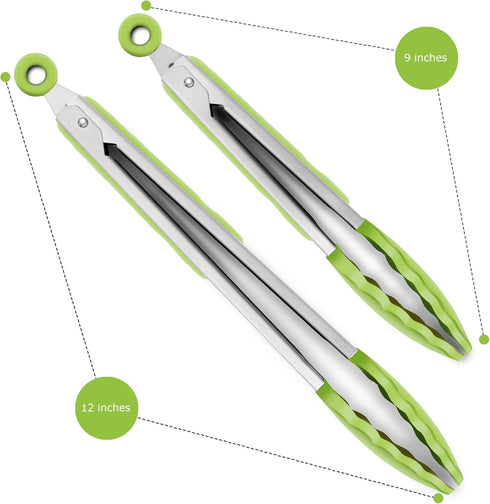 Premium Silicone Cooking Tongs Set of 2, 9-Inch & 12-Inch, BPA Free Non-Stick Stainless Steel BBQ Grilling