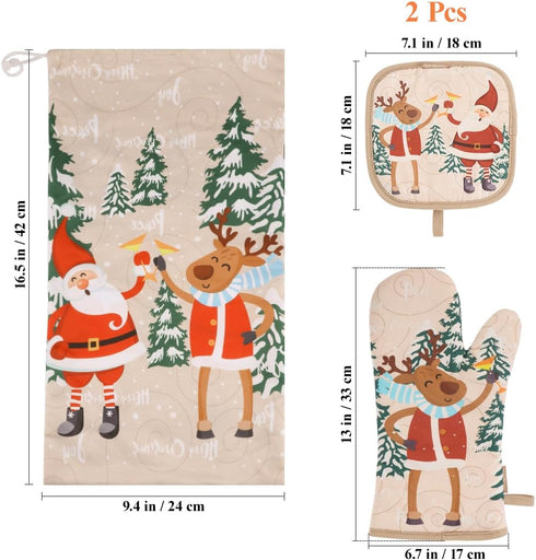 BESTONZON Cute Christmas Oven Mitt Set, Heat Resistant Oven Gloves and Pot Holders for Kitchen Decoration