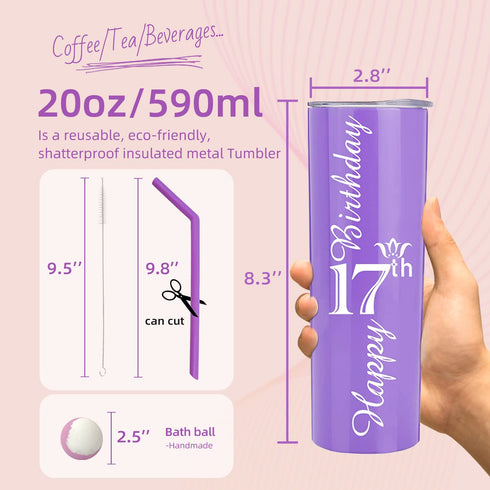 VeryMerryMakering 17th Birthday Tumbler, Gifts for Girl, Birthday Decorations, Party Supplies