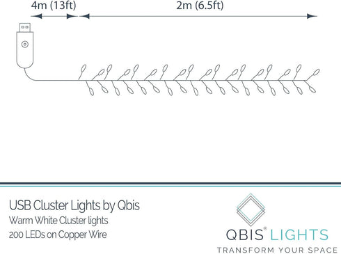 200 Qbis Warm White Cluster Lights on Thin Copper Wire, Micro LED USB Plug in Christmas Fairy Lights, Timer, Multi