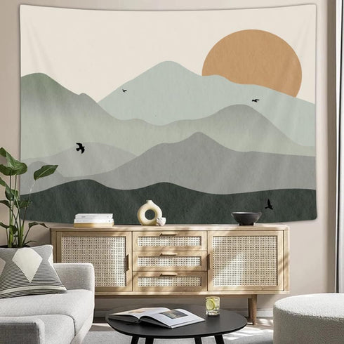 Ptrxobj Small Sage Green Mountain Tapestry Boho Abstract Sun Landscape Wall Hanging Art Mid Century Sunset Tapestries Minimalist Aesthetic Decor for Bedroom Living Room College Dorm, 60 x 40 inch