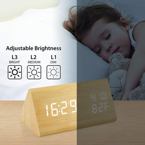 OCT17 Wooden Alarm Clock - Smart LED Digital Clock with Time Temperature, Humidity Display, Bamboo, Adjustable