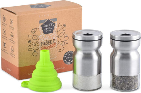 HOME EC Original Glass Salt and Pepper Shakers Set with Adjustable Pour Holes, Stainless Steel