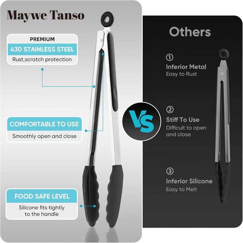 Maywe Tanso 12-Inch Heat Resistant Kitchen Tongs, Silicone Tips, Stainless Steel Locking Food Tongs for BBQ, Cooking,