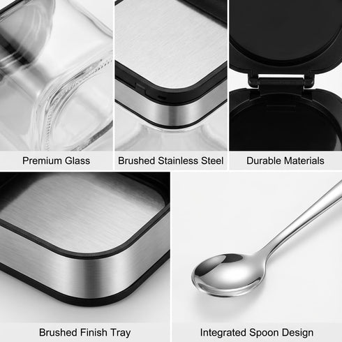 304 Set 3 Counter, Condiment Jar Spice Container with Stainless Steel Lids and Spoons,Clear Glass Condiment Canisters