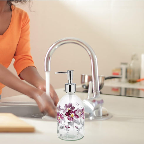 17oz Glass Soap Dispenser Bottle with Plastic Pump - Flower Design