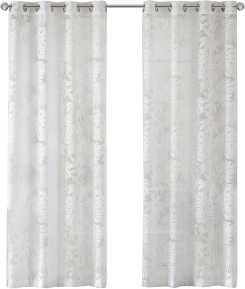 Madison Park 50x95" Semi Sheer Single Curtain, Grommet Top, Modern Botanical Print Window Drape, Tropical White