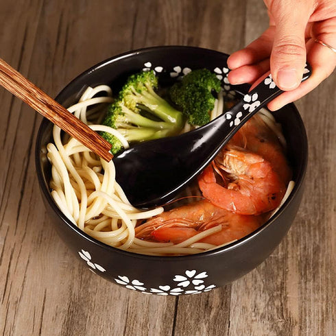 WHJY Black Ceramic Bowl with Lid, Spoon, and Chopsticks for Soup, Rice, Noodles, Japanese Traditional Style Tableware