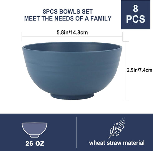 Wheat Straw Bowl Sets,8 PCS Unbreakable Cereal Bowl 26 OZ,Microwave and Dishwasher Safe Bowls,Bowl Sets BPA Free Eco Friendly Bowl Color Bowls for Serving Soup,Oatmeal and Salad Etc… by Wrova