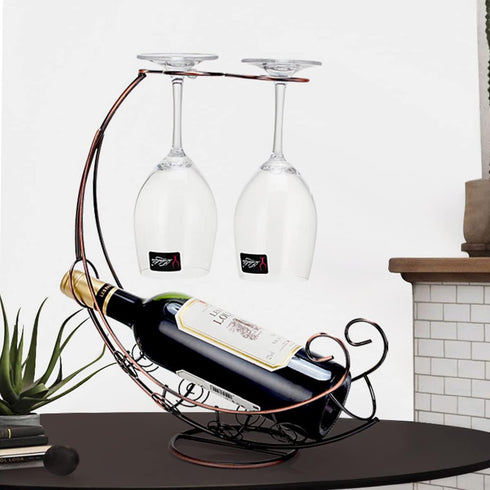 Homya Tabletop Metal Wine Bottle Rack, Elevated Vertical Countertop Organizer for 1 Bottle and 2 Glasses