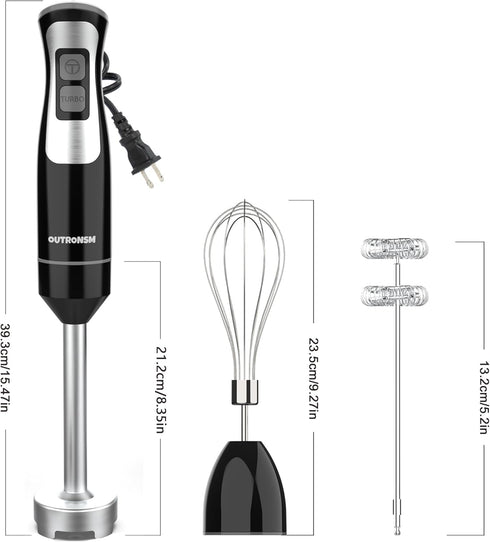 Immersion Blender Handheld, OUTRONSM Hand Blender with 4-point Thickened SS Blades, Milk Frother, Egg Whisk for