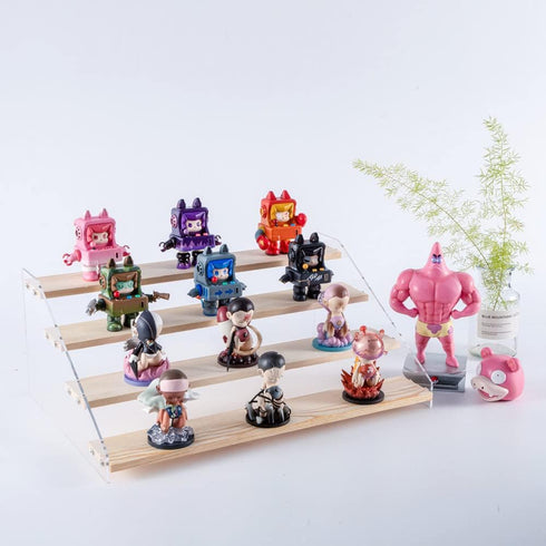 PACKGILO 4 Tier Acrylic Display Stand for Figures Wooden Risers for Display Case Craft Fair Acrylic Cupcake Stand