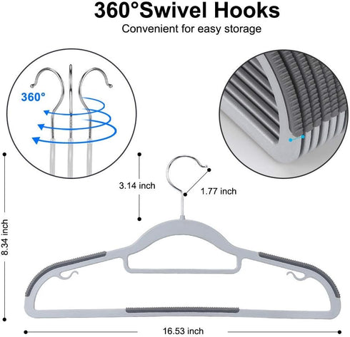 OIKA 50 Pack Non-Slip Plastic Hangers with Tie Rack, Heavy Duty Slim Closet Hangers for Shirts, Pants, Grey