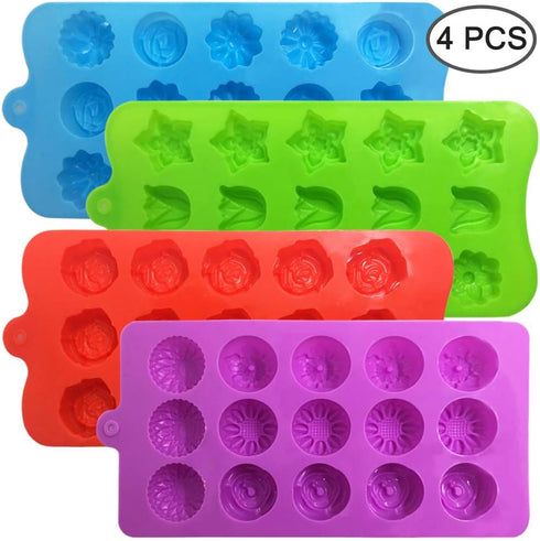 4 PACK Flower Shape Chocolate Candy Molds Set, DanziX Silicone 15 Cavity Baking Mold for Wedding, Festival, Parties,