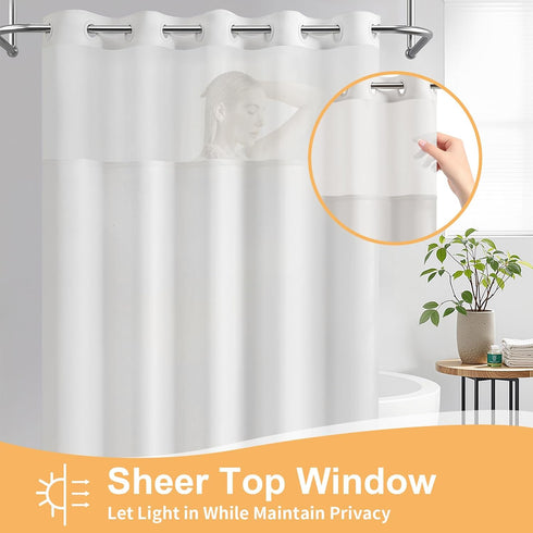 River Dream White Fabric Shower Curtain, 71x74 inches with Sheer Window, Water Repellent, No Liner Needed
