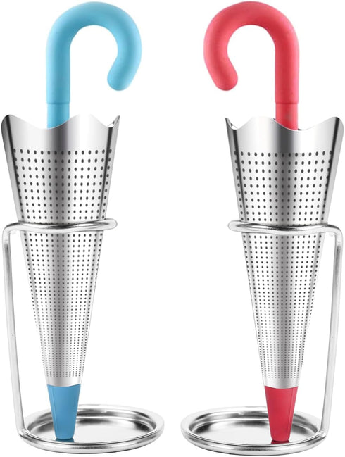 Numola 2Pcs Stainless Steel Fine Mesh Tea Infuser with Drip Tray for Tea Cups, Mugs, Teapots (Red & Blue)