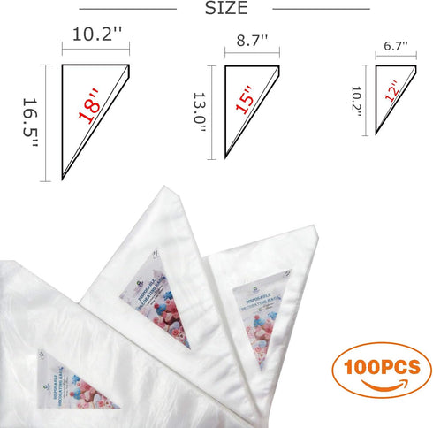 TOSSOW Pastry Bags 100 Pack Disposable Decorating Bags Thickened Piping with 3 Icing Bags Ties Fit for all Sized Tips Kit and Couplers TOSSOW Bakeware Cookies Candy Supplies Tools (18 Inch)