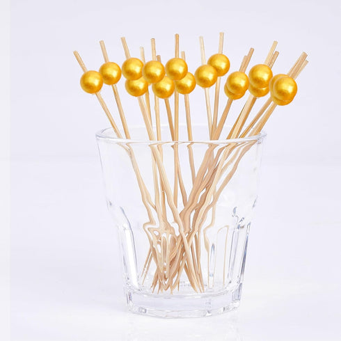 PuTwo Handmade Bamboo Cocktail Picks - Appetizer Toothpicks, 100 Counts, 4.7” with Yellow Pearls