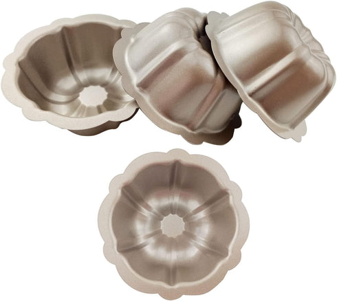 4 Inch Nonstick Mini Bundt Cake Pan Set of 4, Carbon Steel Fluted Cake Pans, Gold Pumpkin Shaped Mould for Baking