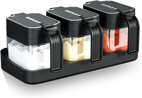 Mlici Seasoning Containers with Lid and Spoon, Set of 3 Glass Salt
