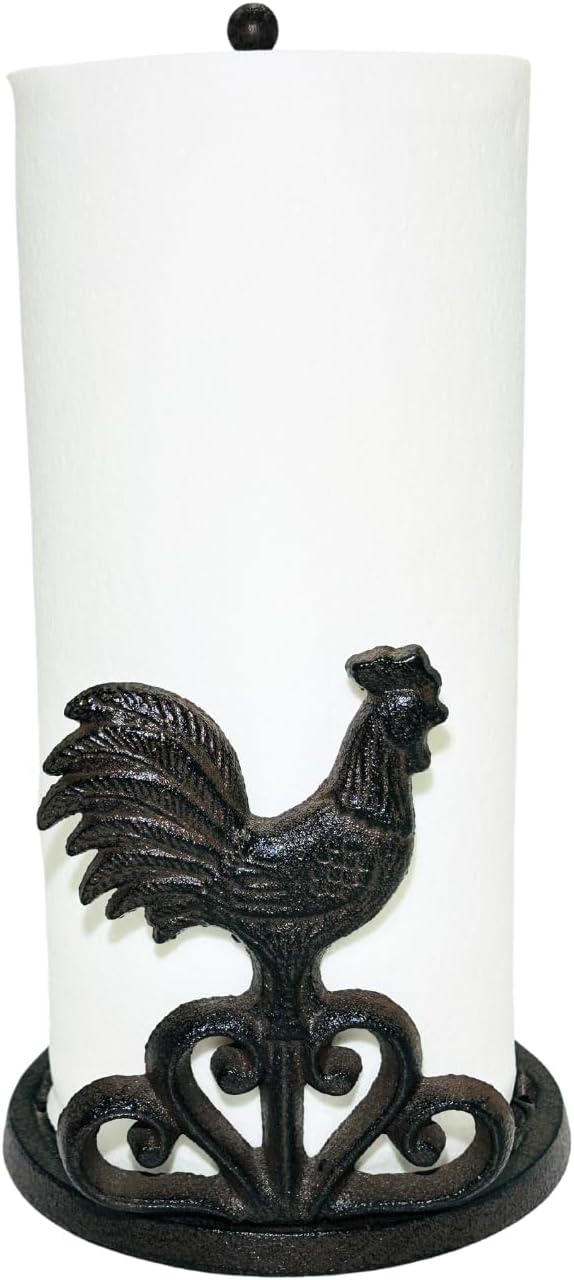 Decoronix Rustic Elegance Cast Iron Rooster Paper Towel Holder - Freestanding 12" Kitchen