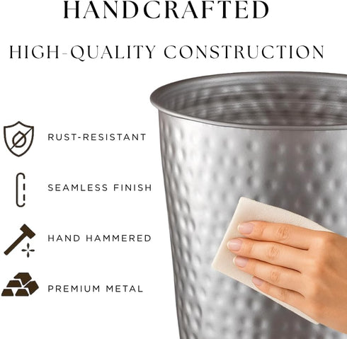 Monarch Abode Pewter Hand Hammered Metal Wastebasket - Decorative Trash Bin for Home Office, Modern Bathroom Garbage Can