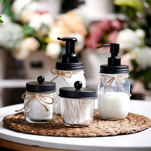 Amolliar 4 Pack Mason Jar Bathroom Accessories Set - Rustic Farmhouse Decor with Foaming Soap Dispenser and Toothbrush
