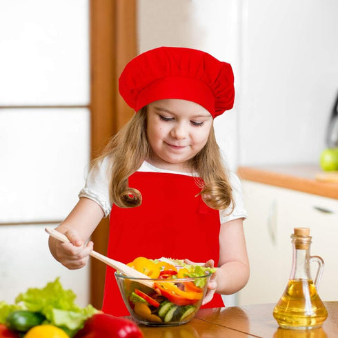Kids Apron and Chef Hat Set, Adjustable Cotton Bib Aprons with Large Pocket, Red