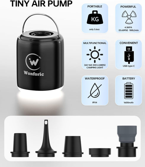 Portable Air Pump for Inflatables, Wonforic Ultra-Mini Electric Pump with Camping Lantern and Magnetic Design