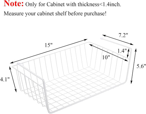 4 Pack Tebery White Under Shelf Wire Basket Hanging Storage Baskets, Under Cabinet Add-on Storage Racks Slide