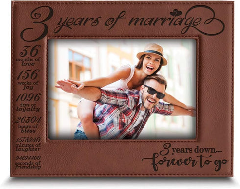 BELLA BUSTA Engraved Leather Picture Frame - 3 Years of Marriage - 5 x 7 Horizontal (Rawhide) - 3 Years Down Forever to