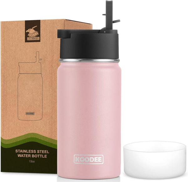 koodee 12 oz Stainless Steel Water Bottle, Double Wall Vacuum Insulated Flask with Wide Handle Straw Lid (Light Pink)