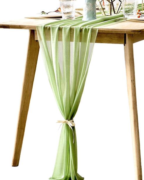 BOXAN Elegant 30x120 Inch Sage Green Sheer Table Runner, 10Ft Chiffon Overlay for Party Decor