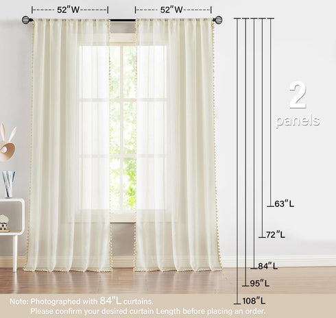 Treatmentex Pom Pom Linen Sheer Curtains for Living Room, 63 inches Length, 52" w x 2 Pack, Beige