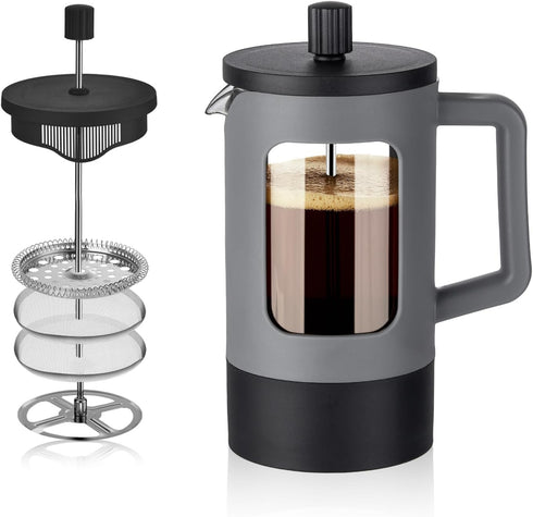 YOLIFE 21oz French Press Coffee Maker - Grey and Black Heat-Resistant Borosilicate Glass with 4-Level Filters