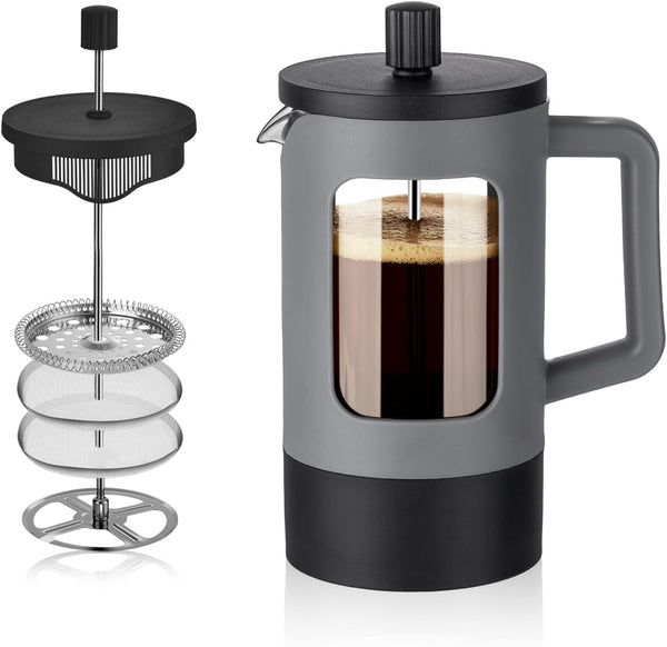 YOLIFE 21oz French Press Coffee Maker - Grey and Black Heat-Resistant Borosilicate Glass with 4-Level Filters