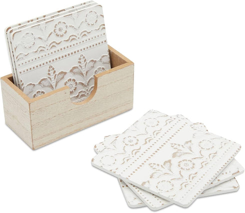Set 6-3.8 Juvale Wooden Coasters of in, White, Square, Farmhouse Style - Coaster Holder for Coffee Table & Bar Decor