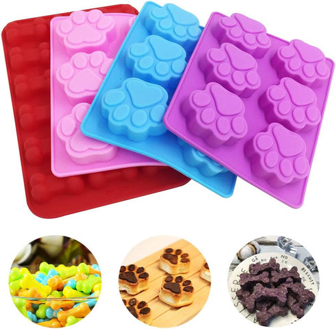 4 Pcs Silicone Candy Chocolate Molds, FineGood Puppy Dog Paw & Bone Shaped Ice Cube Trays, Red, Blue, Purple, Pink