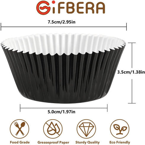 Gifbera Black Foil Baking Cups, Standard Size Cupcake Liners, 100-Count Muffin Liners for Baking