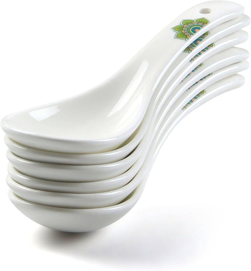 Set of 6 5.5" Asian Soup Spoons, White Ceramic Chinese Soup Spoons for Ramen, Pho, Wonton, Miso