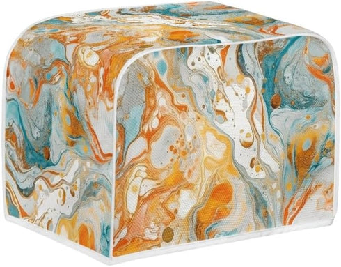 2 Slice Toaster Cover, Gold Cyan Marble Appliance Cover, Abstract Art Fluid Painting Universal Fit Wide Slot