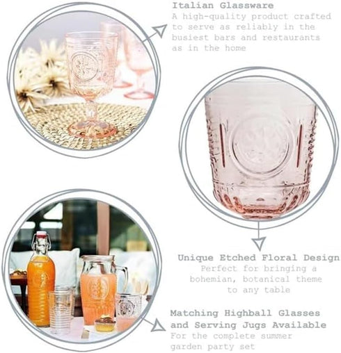 Bormioli Rocco Romantic Colored Crystal Glass Stemware Set of 4, 10.75 Oz, Cotton Candy Pink, Made in Italy.