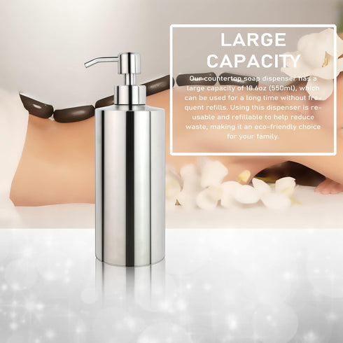 18 oz Large Countertop Soap Dispenser, Brushed Nickel Stainless Steel Pump Bottle for Bathroom and Kitchen