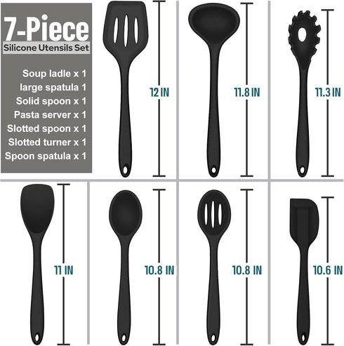 E-far 7-Piece Silicone Cooking Utensils Set, Black Heat Resistant Kitchen Tools, Nonstick Spatula, Ladle, Spoon, Pasta