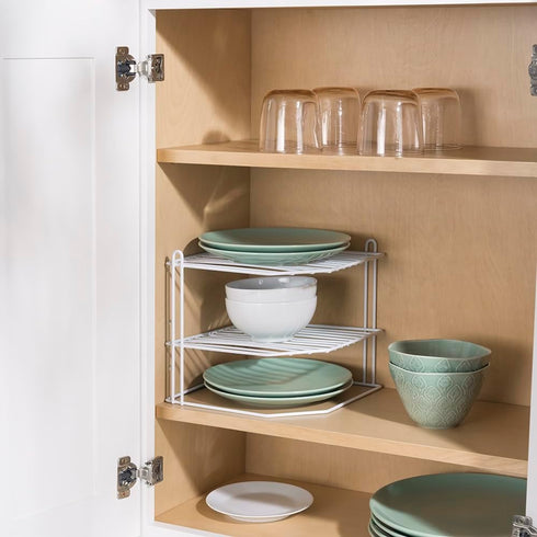 2-Tier 9x9x8.5in Home Basics Corner Rack, White, Vinyl Coated Steel, Rust Resistant, Shelf, Keeps Spices and Cups