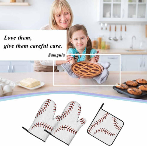 Baseball Stitches Oven Mitts and Pot Holders Set, Softball Laces Design Heat Resistant 3pcs for Baking