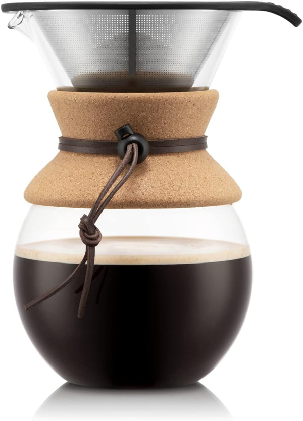 Bodum 34 Oz Pour Over Coffee Maker, High-Heat Borosilicate Glass, Reusable Stainless Steel Filter, Cork Grip